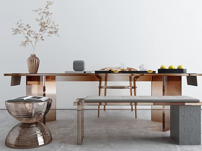 Modern Tea Table and Chairs With Vase Fruits and Metal Frame Design 3d model