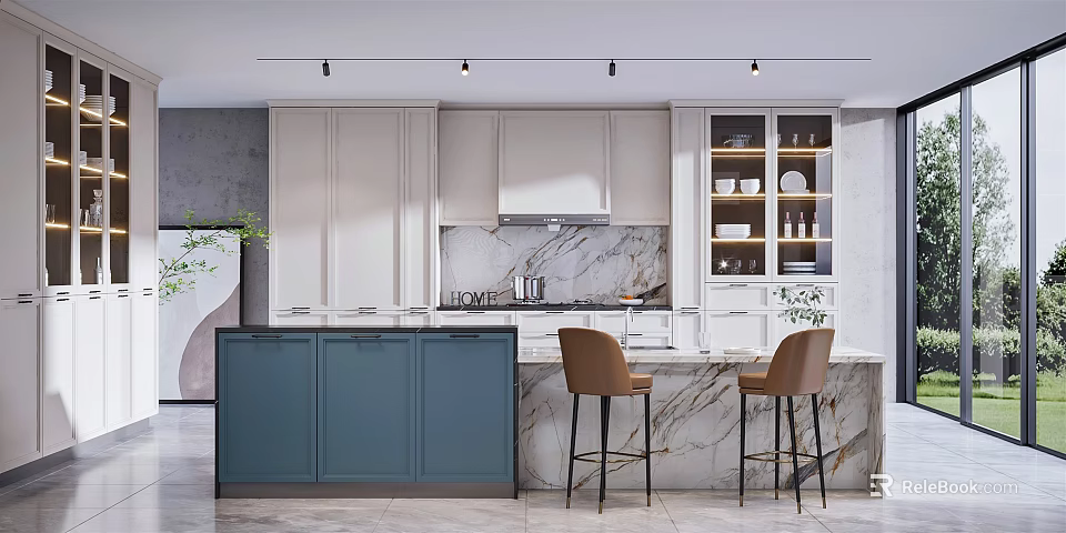 Modern Kitchen Interior With White Cabinets Marble Countertops And Bar Stools 3d model