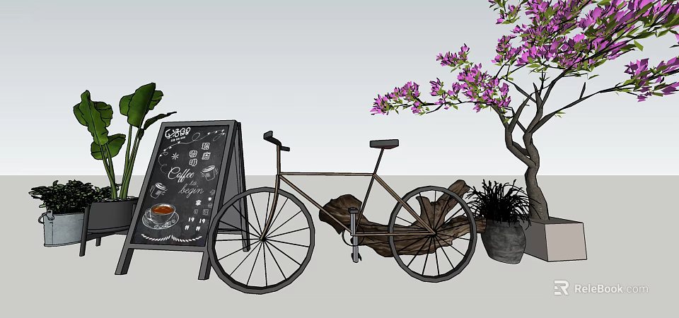 Vintage Bicycle Display With Chalkboard Coffee Menu Green Plants And Purple Flowering Tree 3d model 
