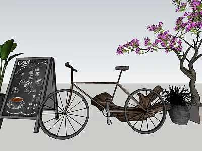 Vintage Bicycle Display With Chalkboard Coffee Menu Green Plants And Purple Flowering Tree 3d model