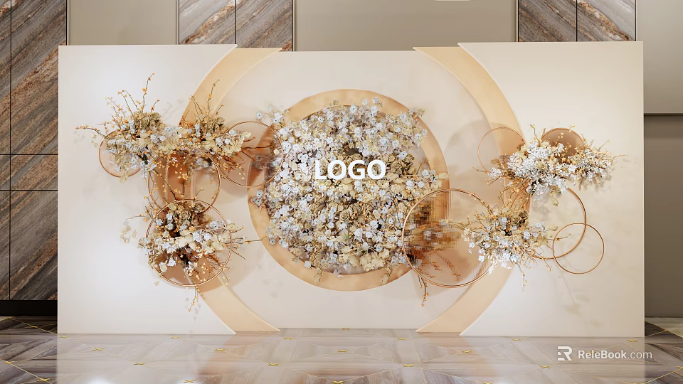 Stylish Check in Photo Spot With Golden Floral Decor Circular Backdrop And White Design 3d model 