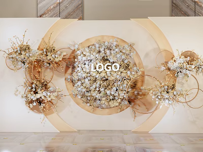Stylish Check in Photo Spot With Golden Floral Decor Circular Backdrop And White Design 3d model