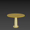 Round Dining Table with Wooden Top and Silver Metal Pedestal against Light Wall Gray Floor