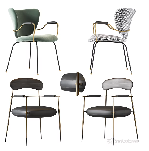 Modern Accent Chairs with Metal Frames Upholstered Seats in Green Black Leather and Checkered Pattern 3d model 