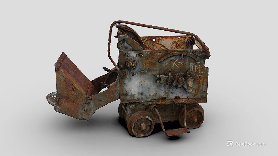 Old Rusty Functional Vehicle With Metal Bucket And Four Small Wheels 3d model