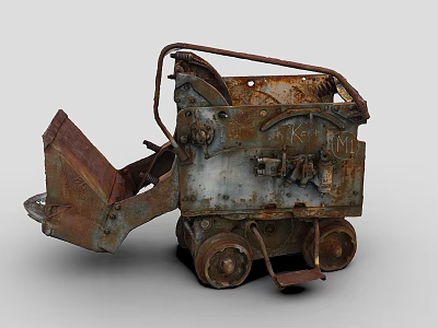 Old Rusty Functional Vehicle With Metal Bucket And Four Small Wheels 3d model