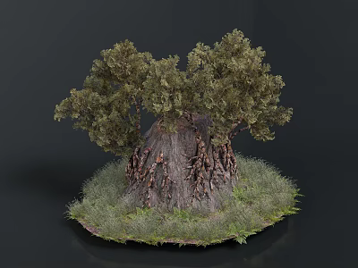 Large Sturdy Tree With Thick Trunk Exposed Roots And Surrounding Grass 3d model