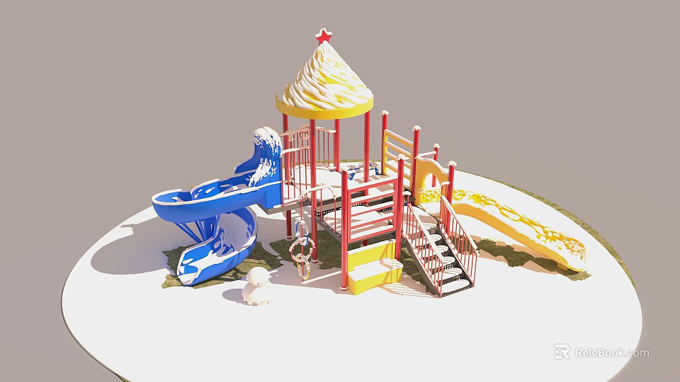 Colorful Playground Equipment With Blue Slide Yellow Slide Red Frame And Star Topped Canopy 3d model 