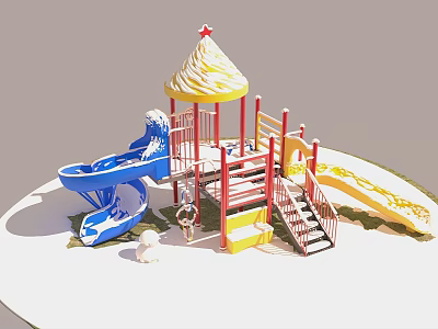 Colorful Playground Equipment With Blue Slide Yellow Slide Red Frame And Star Topped Canopy 3d model