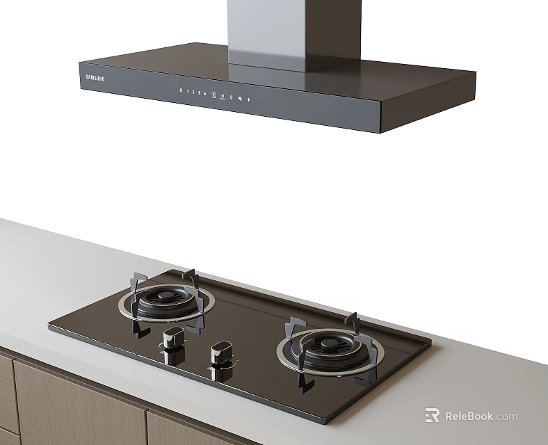 Modern Kitchen Appliances Featuring Black Gas Stove And Range Hood With Cabinets 3d model 