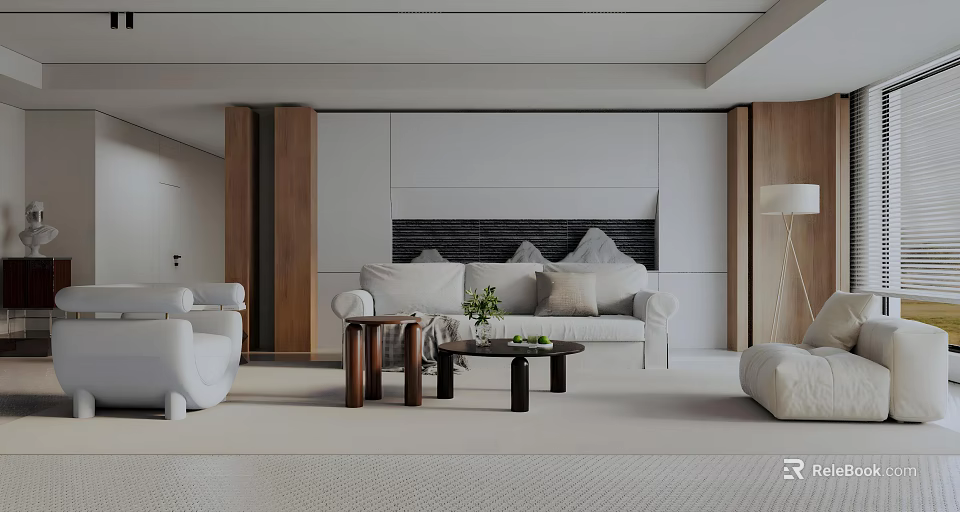 Modern Open Living Dining Room Interior With White Sofa Wooden Coffee Table And Floor Lamp 3d model 