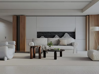 Modern Open Living Dining Room Interior With White Sofa Wooden Coffee Table And Floor Lamp 3d model