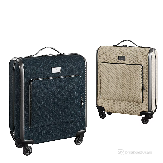 Stylish Dark Blue And Beige Patterned Luggage With Rolling Wheels And Handles 3d model