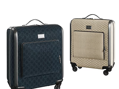 Stylish Dark Blue And Beige Patterned Luggage With Rolling Wheels And Handles 3d model
