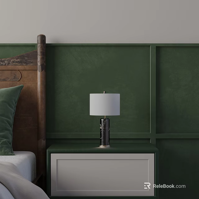 Bedside Table Lamp With White Shade And Metal Base On Green Wall Background 3d model 