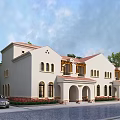 Single Family Villa Exterior With Beige Facade Red Roof Arched Portico Greenery And Car