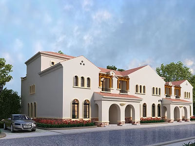 Single Family Villa Exterior With Beige Facade Red Roof Arched Portico Greenery And Car 3d model