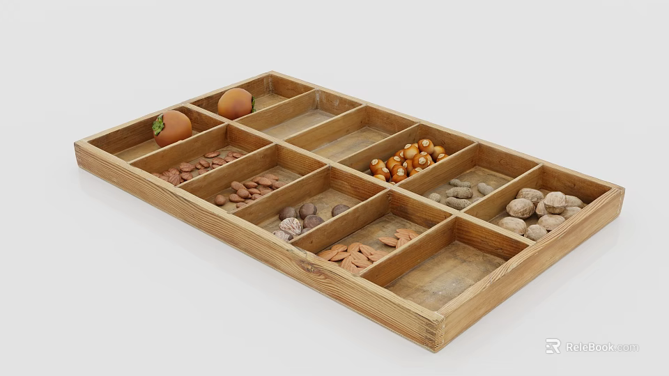 Wooden Compartment Tray With Mixed Nuts And Fresh Fruits For Healthy Snacks 3d model 