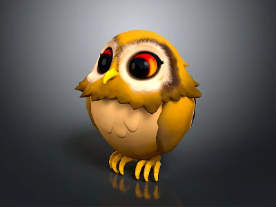 Cute Yellow Owl with Big Red Pupils Fluffy Feathers and Yellow Claws 3d model