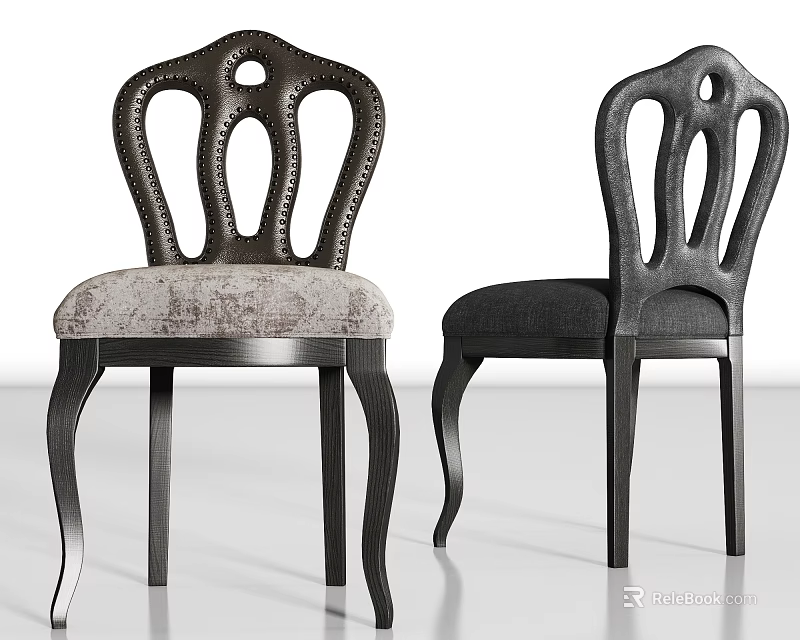 Dark Wooden Dining Chairs With Carved Backrest And Upholstered Seats Featuring Curved Legs 3d model 
