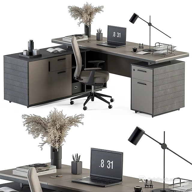 Modern Office Desk With Grey Cabinets Rolling Chair Lamp Laptop And Calendar 3d model 