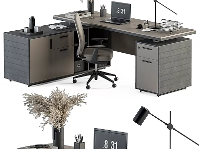 Modern Office Desk With Grey Cabinets Rolling Chair Lamp Laptop And Calendar 3d model