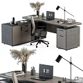 Modern Office Desk With Grey Cabinets Rolling Chair Lamp Laptop And Calendar