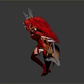 Woman in Red and Orange Outfit with Twin Ponytails Holding Flaming Weapons in Battle Stance