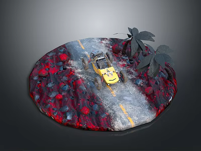 Yellow Off Road Vehicle Game Character Driving On Red Gray Terrain With Palm Trees 3d model