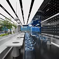 Modern Restaurant Interior With Curved Ceiling Blue Lighting And Astronaut Decor