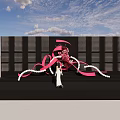 Creative Floral Installation With Pink Ribbons White Pearls And Black Grid Backdrop