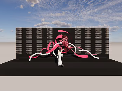 Creative Floral Installation With Pink Ribbons White Pearls And Black Grid Backdrop 3d model