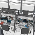 Spacious Modern Office Layout With Cubicles Bookshelves Workstations And Ceiling Fixtures