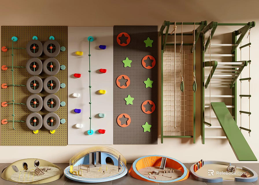 Colorful Kids Play Area Featuring Climbing Wall Star Holds Rope Net And Mats 3d model 