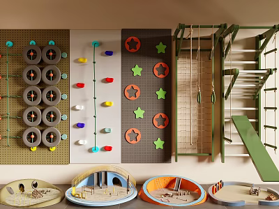 Colorful Kids Play Area Featuring Climbing Wall Star Holds Rope Net And Mats 3d model