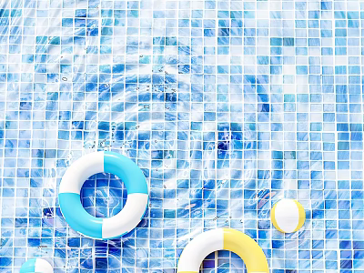 Swimming Pool Area With Blue White Tiles And Colorful Life Rings On Water Surface 3d model