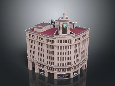 Classic Corner Building With Clock Tower Red Roof Arched Windows And Ground Floor Shops 3d model