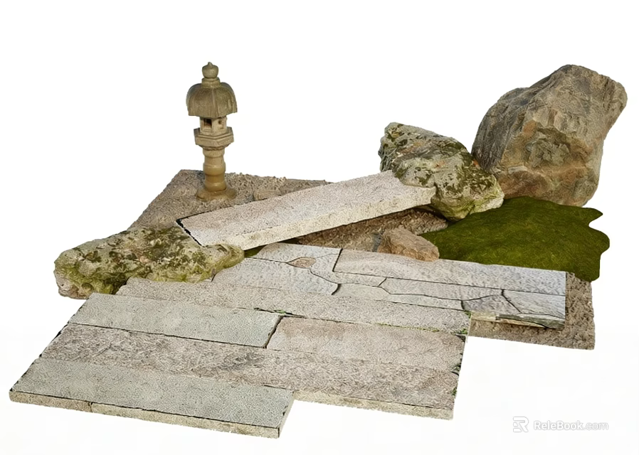 Garden Landscape Design With Stone Lantern Rocks Slab Path And Moss 3d model 