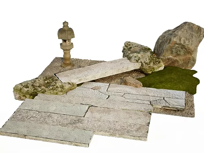 Garden Landscape Design With Stone Lantern Rocks Slab Path And Moss 3d model