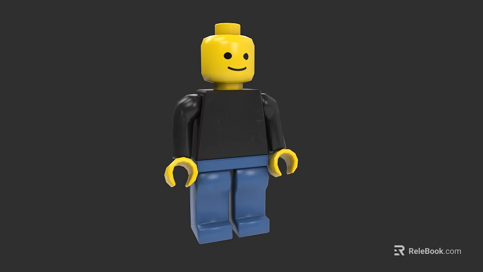 Smiling Building Block Figure With Yellow Head Black Top And Blue Pants 3d model 