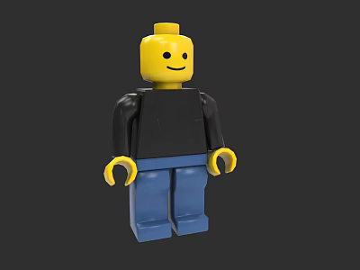 Smiling Building Block Figure With Yellow Head Black Top And Blue Pants 3d model