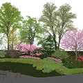 Vibrant Garden with Purple Flowering Trees Green Plants Lawn and Outdoor Seating