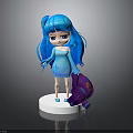 Child with Long Blue Hair in Blue Dress Holding Purple Doll Standing on White Base