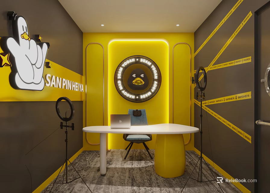 Public Office Space with Yellow Black Accents Circular Clock White Desk Laptop Chair Ring Lights 3d model 