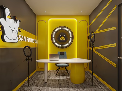 Public Office Space with Yellow Black Accents Circular Clock White Desk Laptop Chair Ring Lights 3d model
