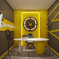 Public Office Space with Yellow Black Accents Circular Clock White Desk Laptop Chair Ring Lights