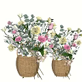 Decorative Flower Arrangement with Pink Gold Flowers Green Leaves in Wicker Baskets for Home Decor