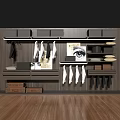 Modern Wooden Closet Interior With Hanging Clothes Folded Garments Decorative Art And Storage Boxes