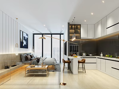 Modern Apartment Interior With Open Kitchen Living Room Cozy Sofa And Wooden Floor 3d model