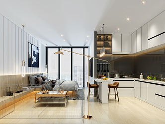 Modern Apartment Minimalist Open Kitchen Bedroom 3d model